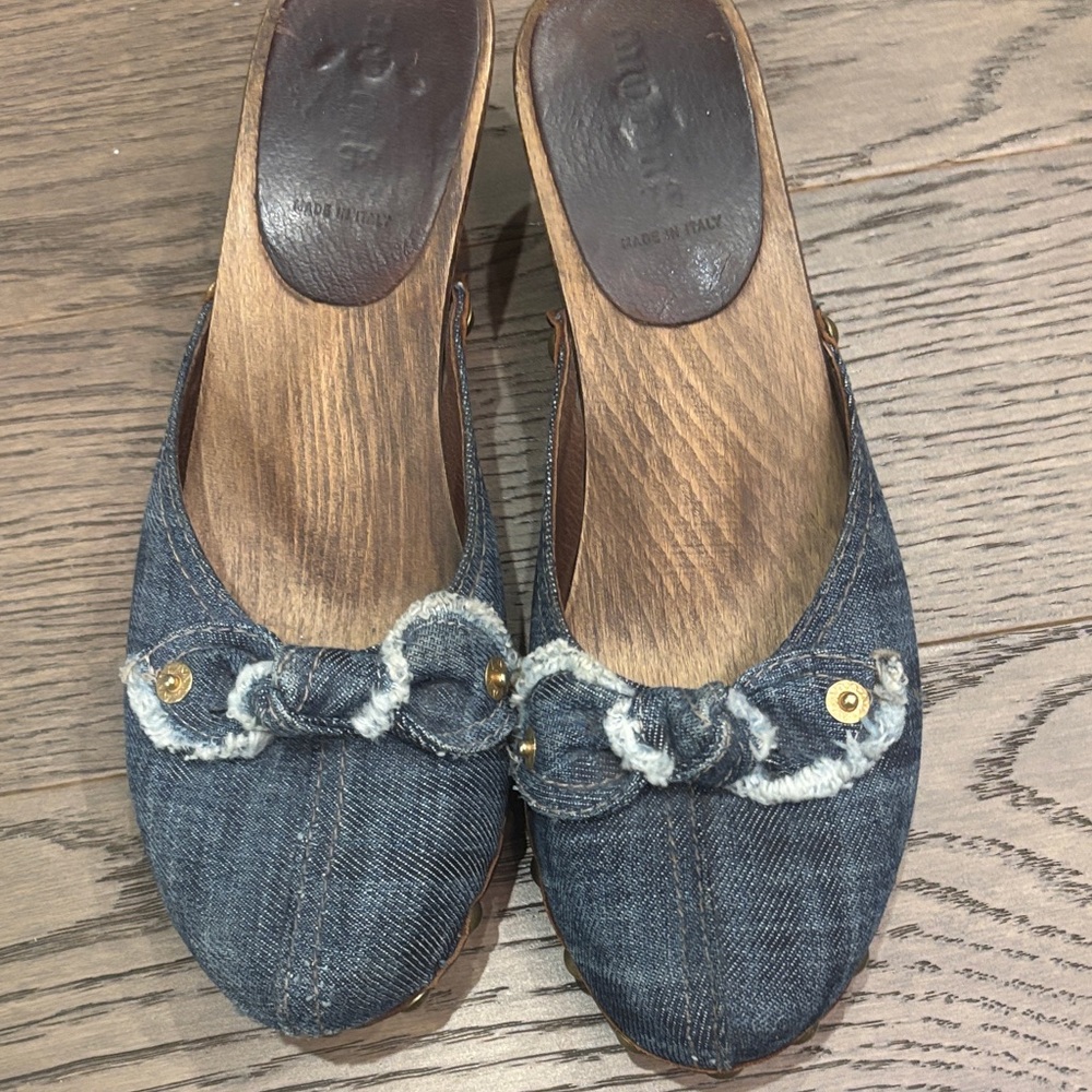 Miu Miu Denim Blue Mules with Bow Accent